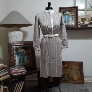 JSJ Womens Professional Dress Tan white stripe b8 Modest Career Goth Adams